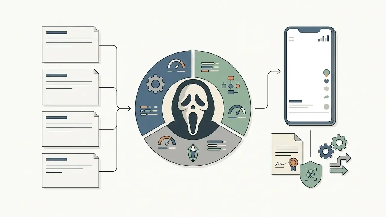 Text blocks feeding into a central hooded figure icon with data gauges leading to a smartphone interface