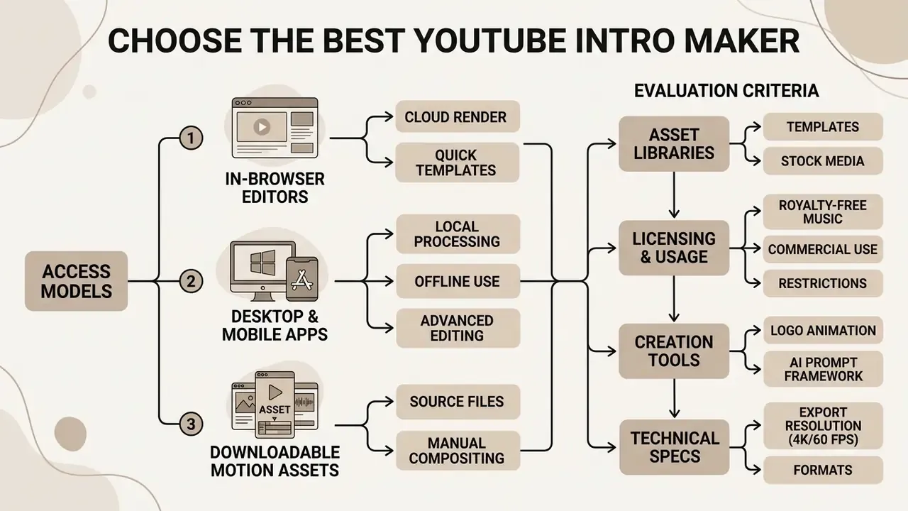 Flowchart comparing software access models and evaluation criteria for selecting a YouTube intro maker