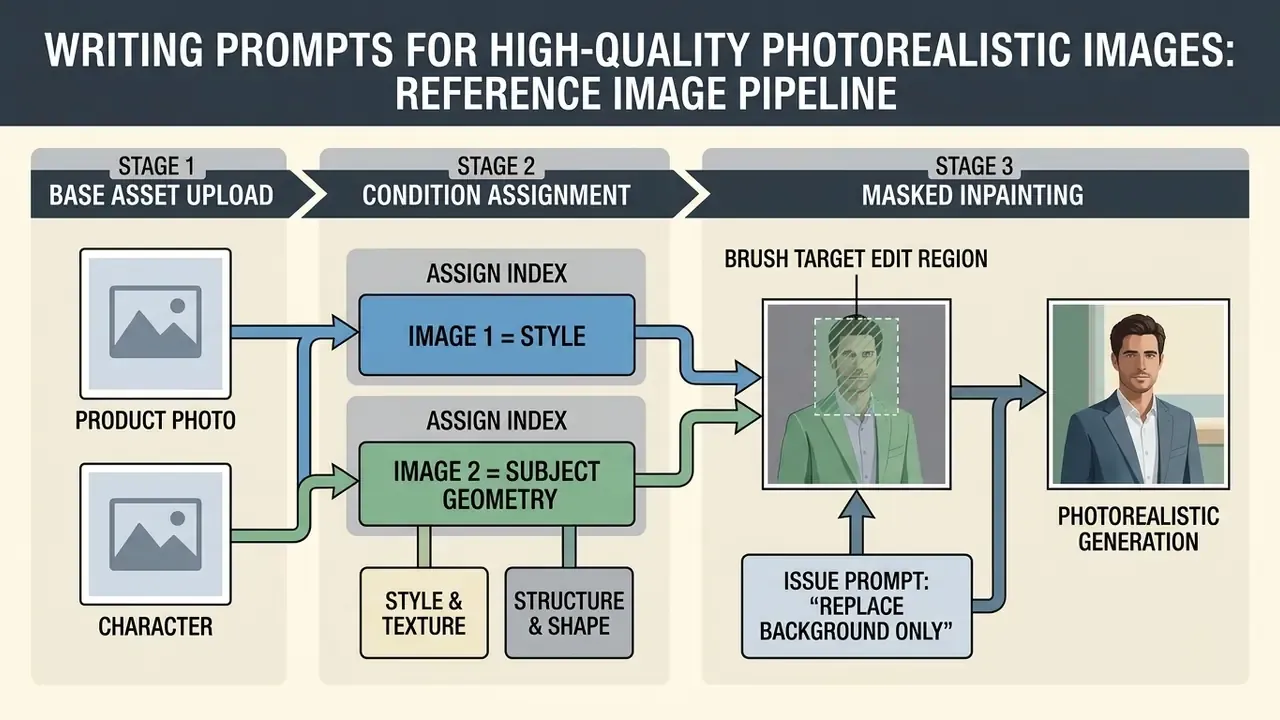 Three-stage workflow diagram for using reference images to guide a free AI image generator