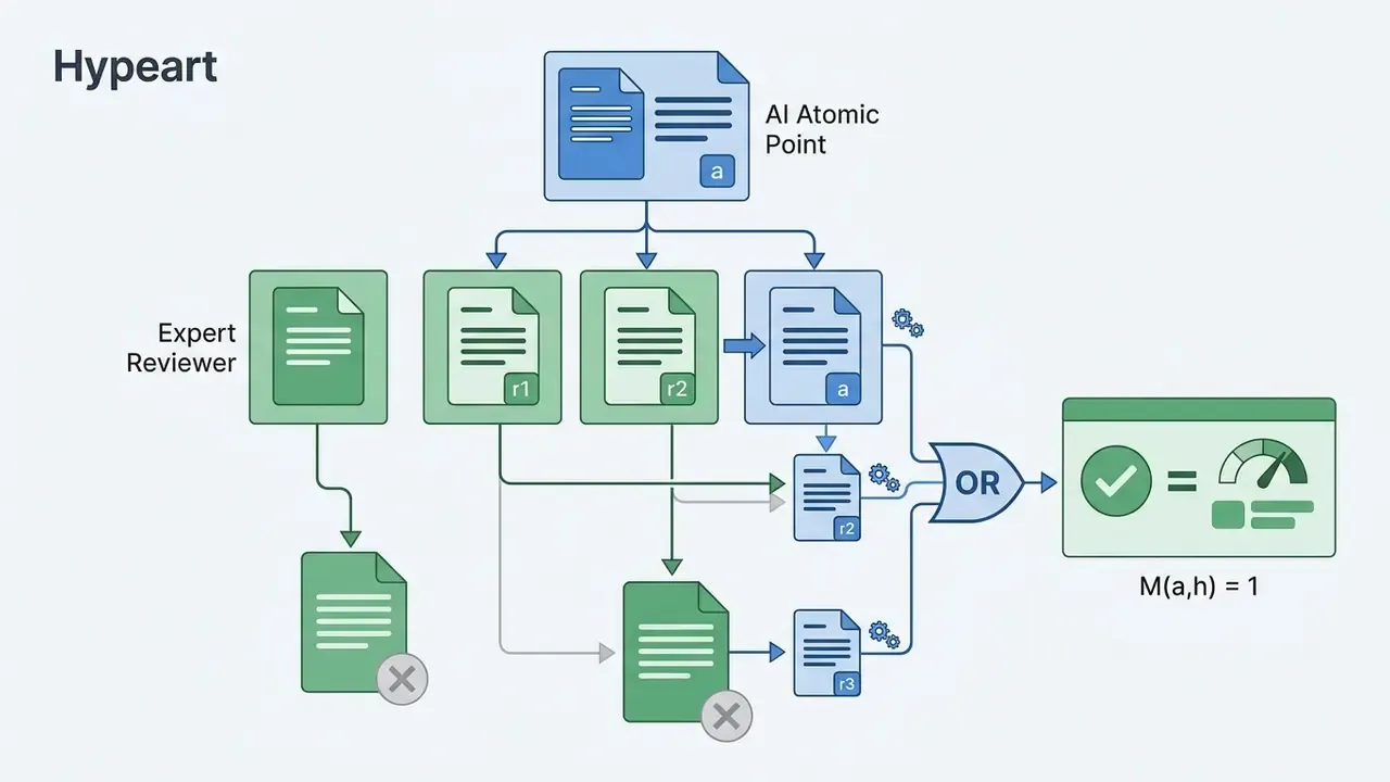 Logic gate comparing an AI atomic point against multiple expert reviewers to determine a valid match