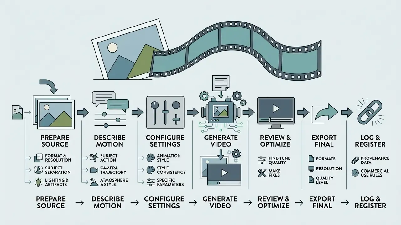 Sequential workflow diagram showing steps from source preparation to final logging and registration