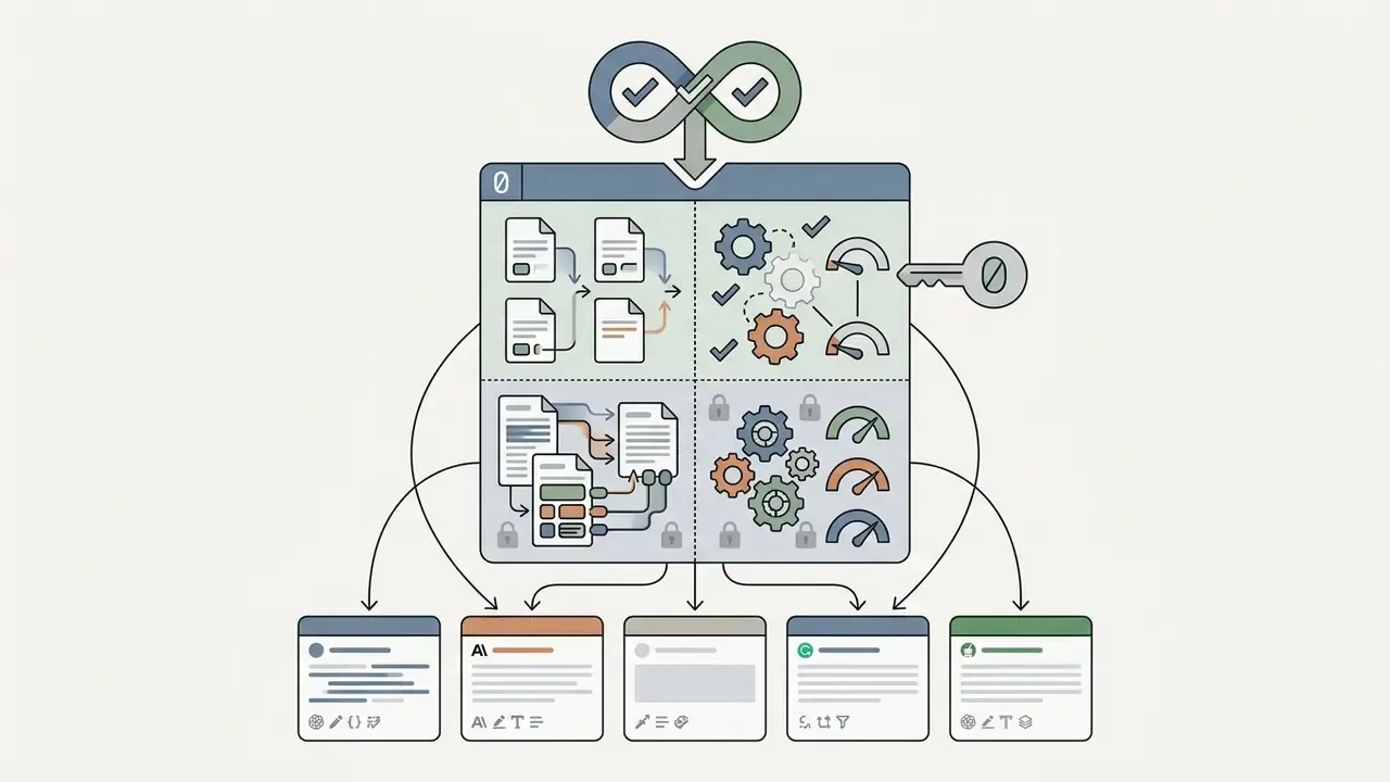 Four quadrants showing document processing and feature gating with a key icon and output examples