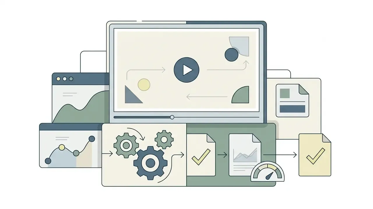 Central video player surrounded by data charts, mechanical gears, and documents with checkmark icons