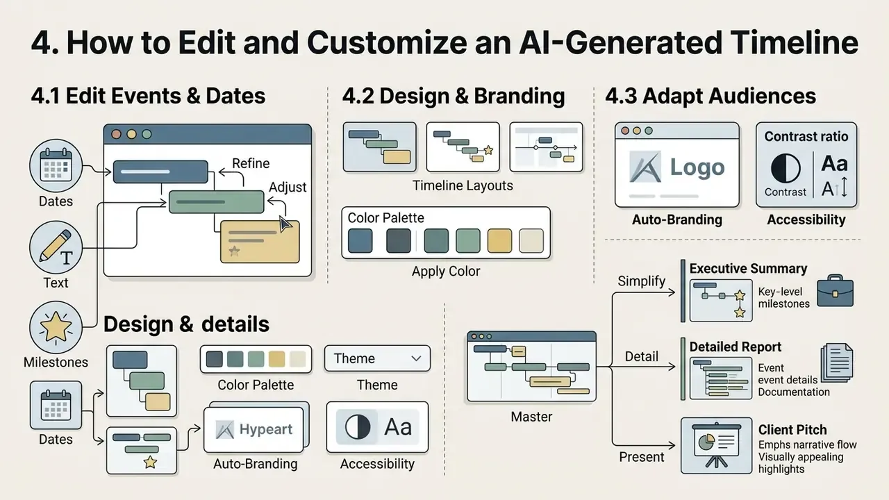 Diagram showing how to refine event data, apply visual themes, and adapt project views for audiences