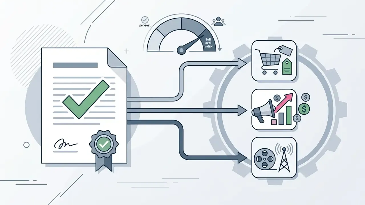 Certified document with a checkmark connecting to icons for shopping, advertising, and broadcast media