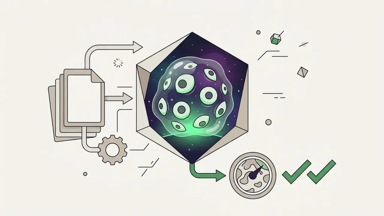Gelatinous many-eyed cosmic horror graphic processed through a technical pipeline with status gauges
