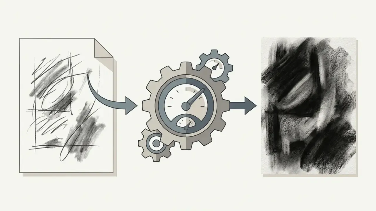 Rough pencil sketch flowing through a gear-driven processing engine into a finished charcoal drawing