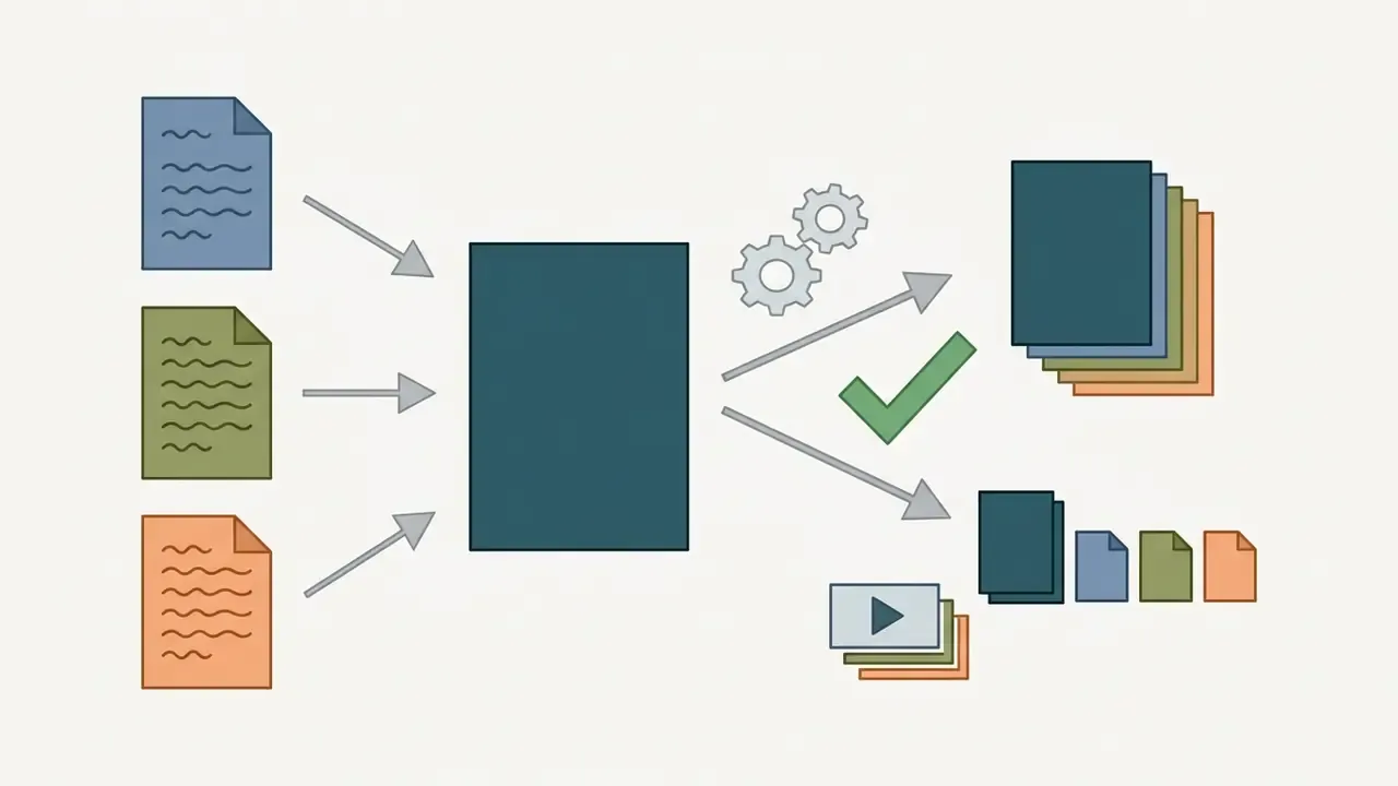 Colored text documents flowing into a processor to generate video files and sidecar caption exports