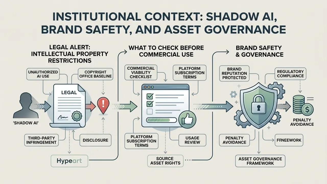 Flowchart outlining legal compliance, commercial use checklists, and brand safety governance for AI assets