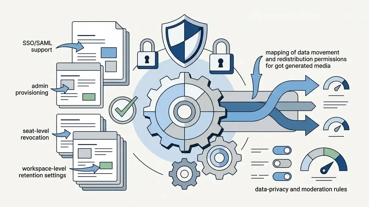 Central gears and security shields illustrating identity management and data flow controls for AI media