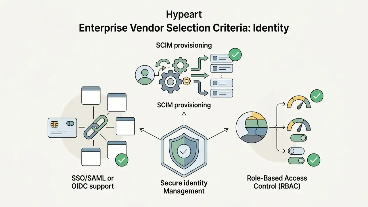Icons representing SSO, SCIM provisioning, and role-based access control for enterprise identity management