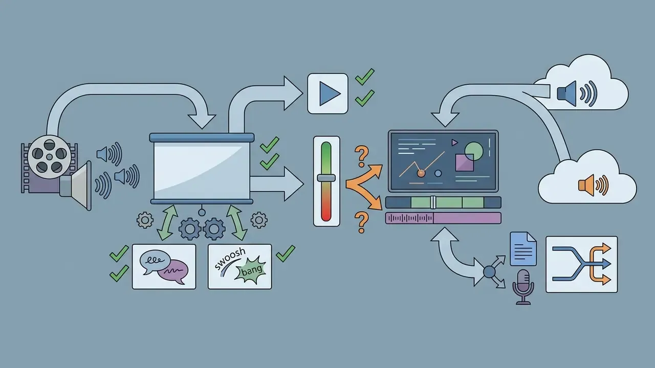 Icons showing the workflow of integrating native audio or external AI voiceovers into video production
