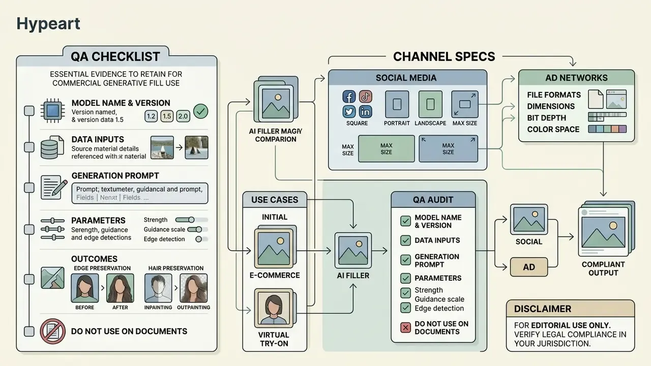 Infographic mapping a quality assurance checklist and audit process for commercial generative workflows