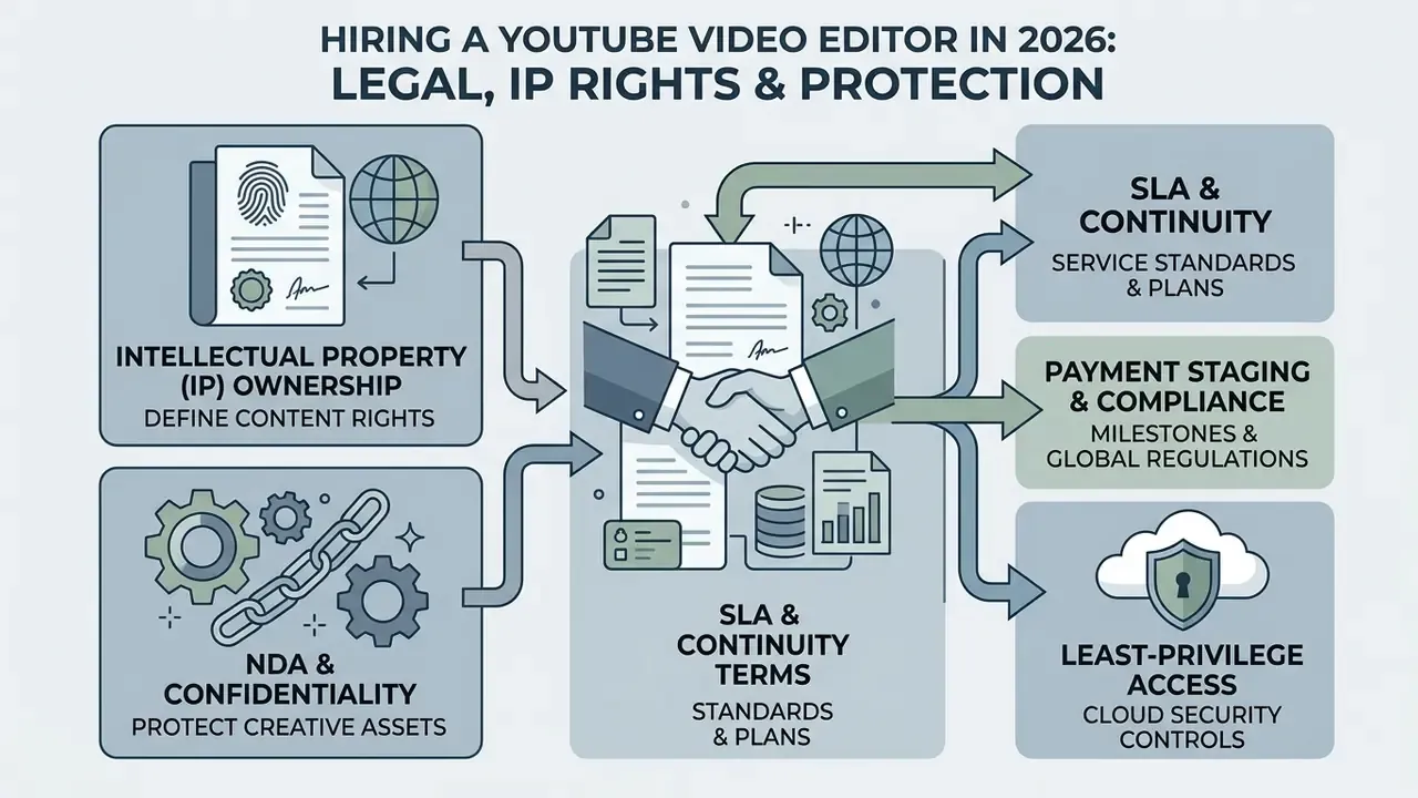 Flowchart outlining legal, IP, and data protection considerations when you hire a YouTube video editor