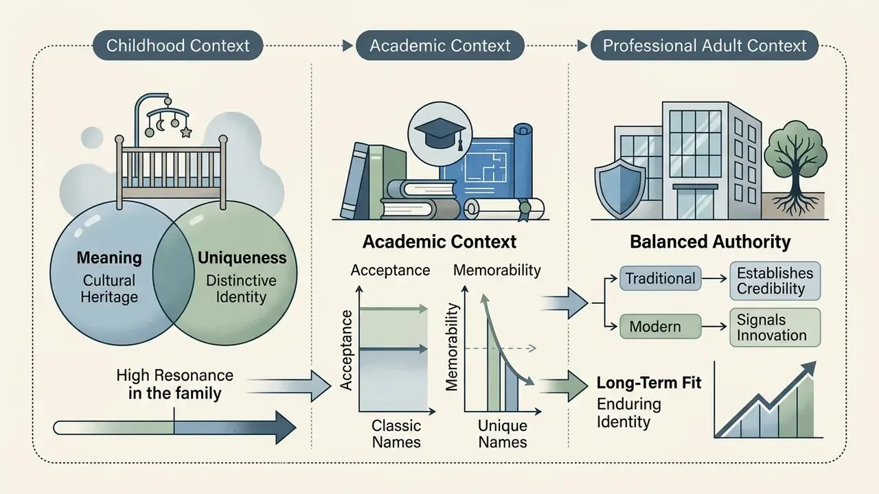 Visual progression of baby name evaluation from childhood meaning to academic and professional life stages