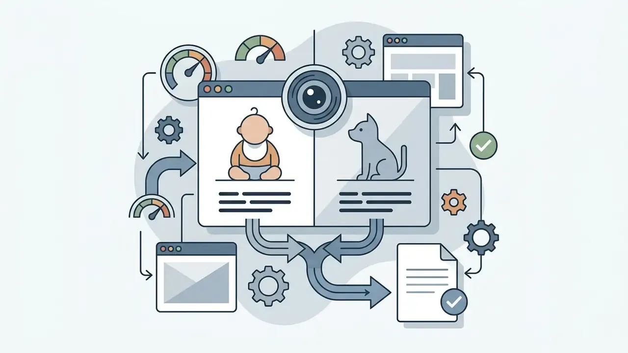 Split screen showing a baby and a pet connected by arrows to workflow icons and processing gauges