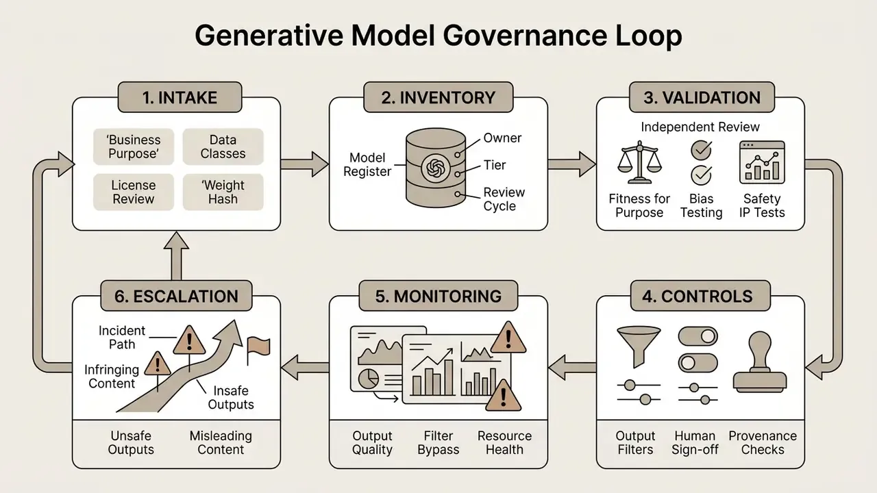 Six-step circular workflow diagram detailing the lifecycle of generative model governance and oversight