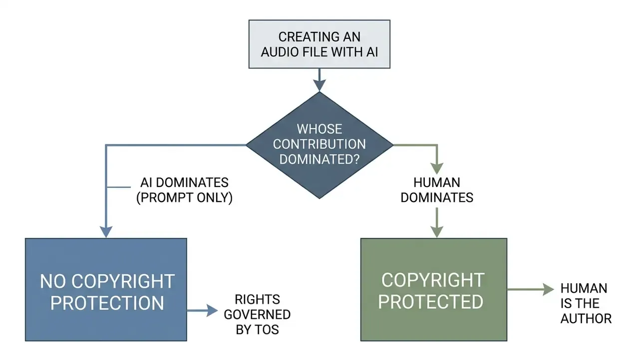 Decision tree showing how human versus AI contribution levels determine copyright status for audio files