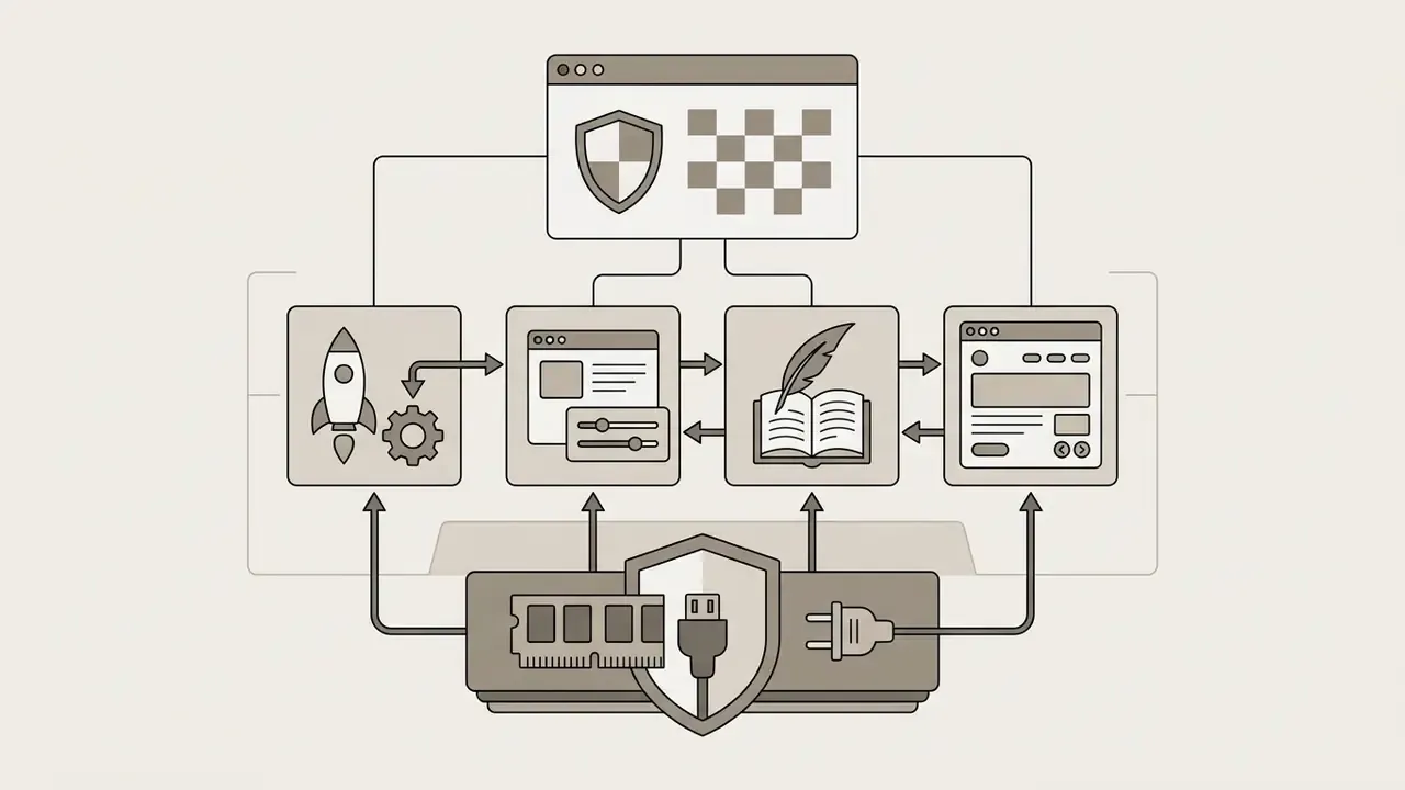 RAM and power components feeding into a series of software modules for local AI model management