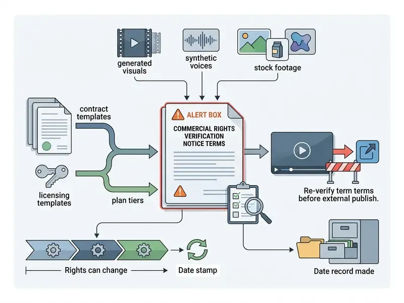 Central document icon showing commercial rights verification steps for media and licensing assets