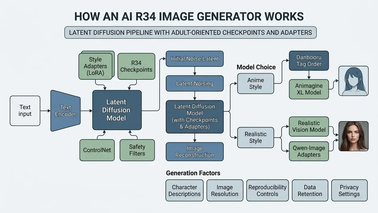 Flowchart detailing the latent diffusion pipeline used to create rule 34 ai art through model adapters