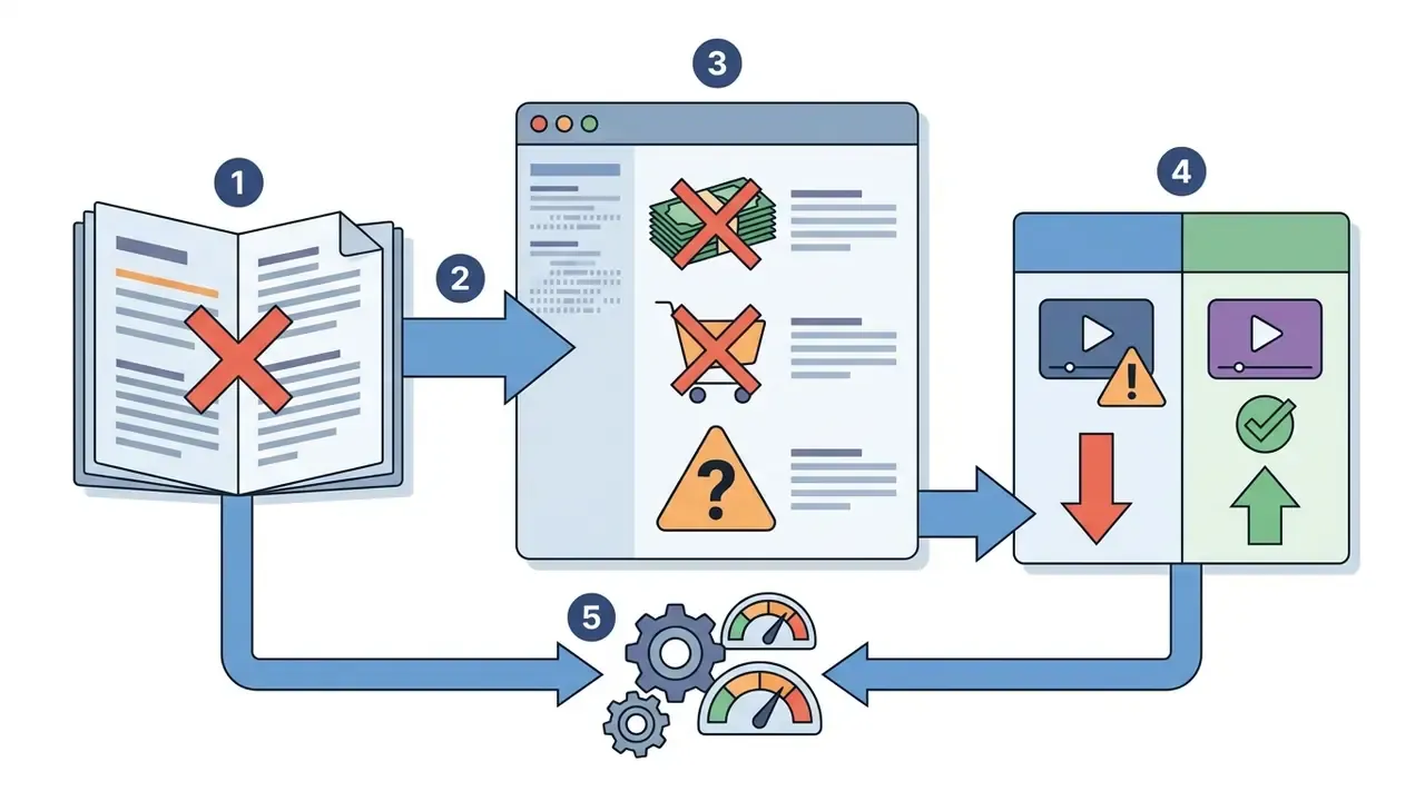 Numbered process diagram showing document restrictions, commercial limitations, and video export status
