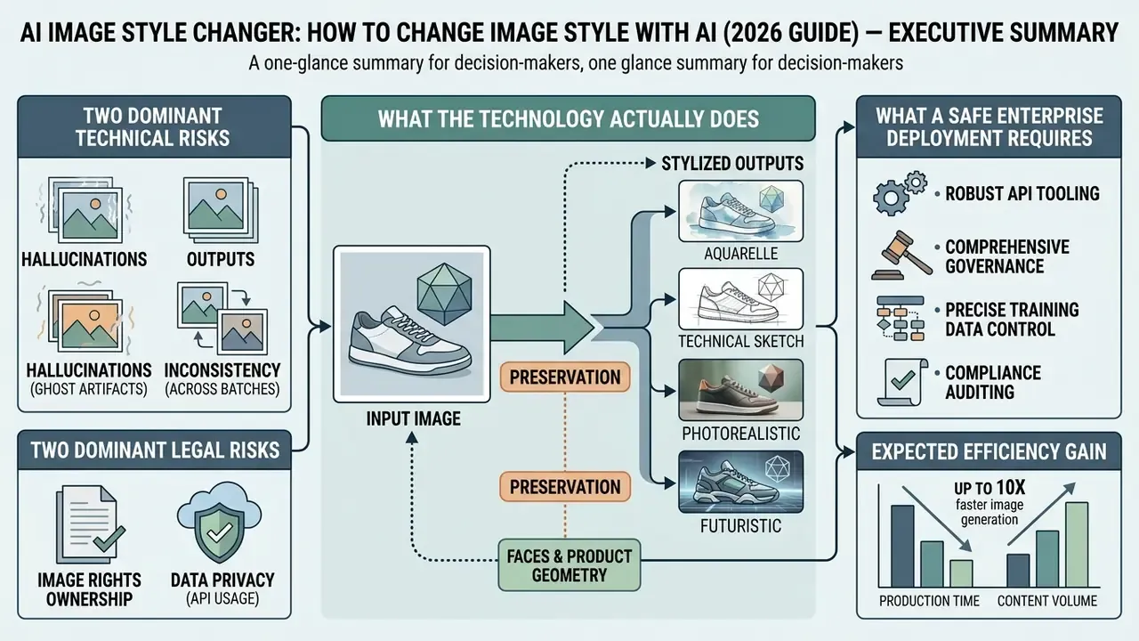 Infographic summarizing technical and legal risks, enterprise requirements, and efficiency gains of an AI image style changer