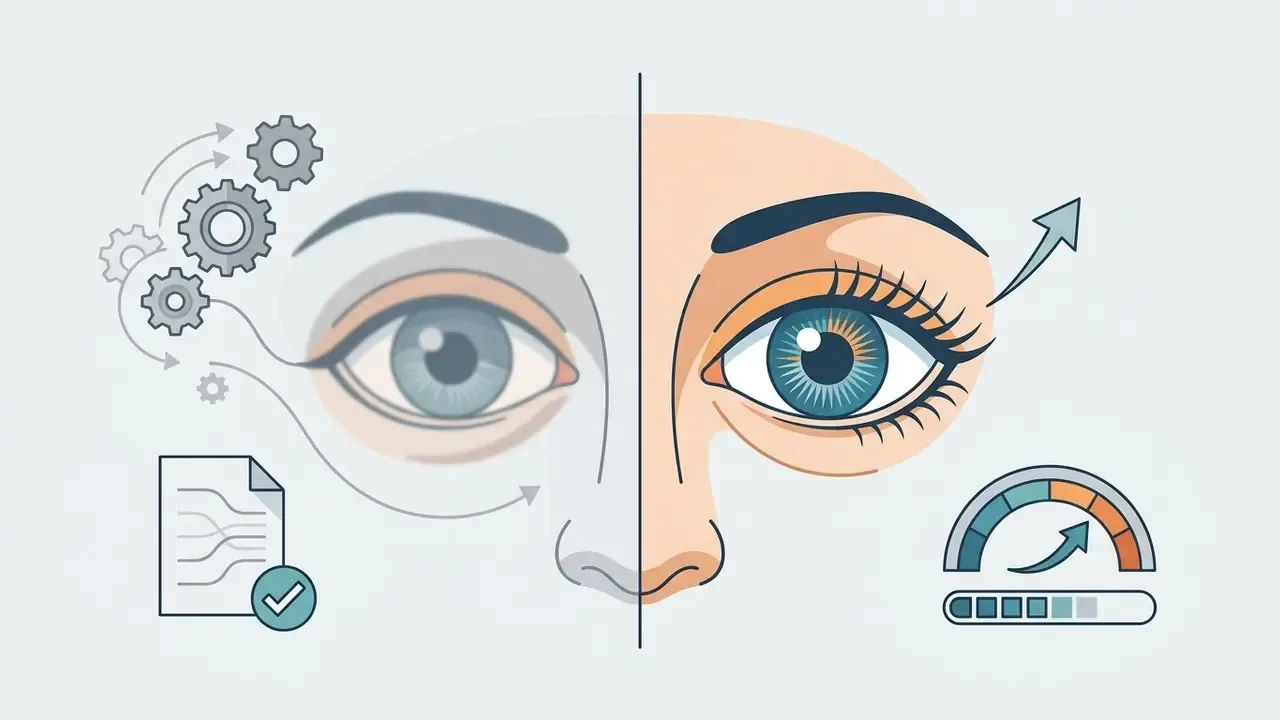 Split view showing a blurry eye being processed by mechanical gears and a clear eye with a progress gauge