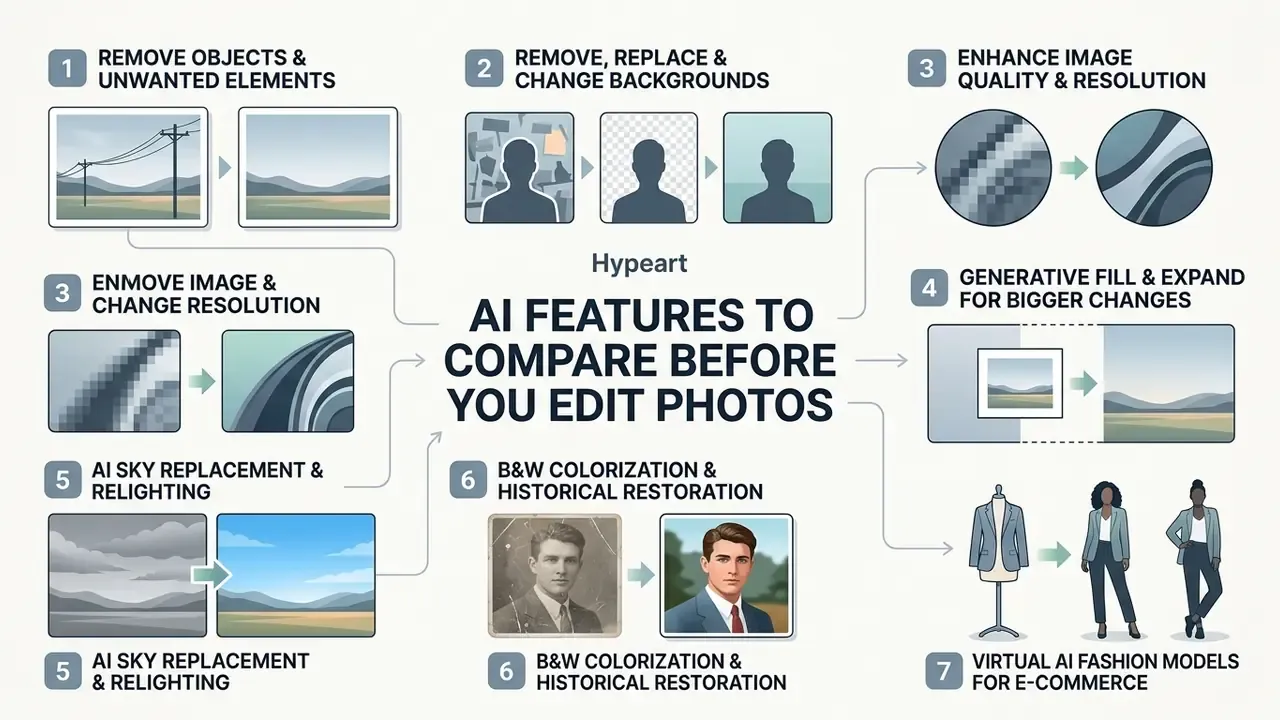 Infographic displaying seven numbered categories for automated image editing and visual enhancement tasks