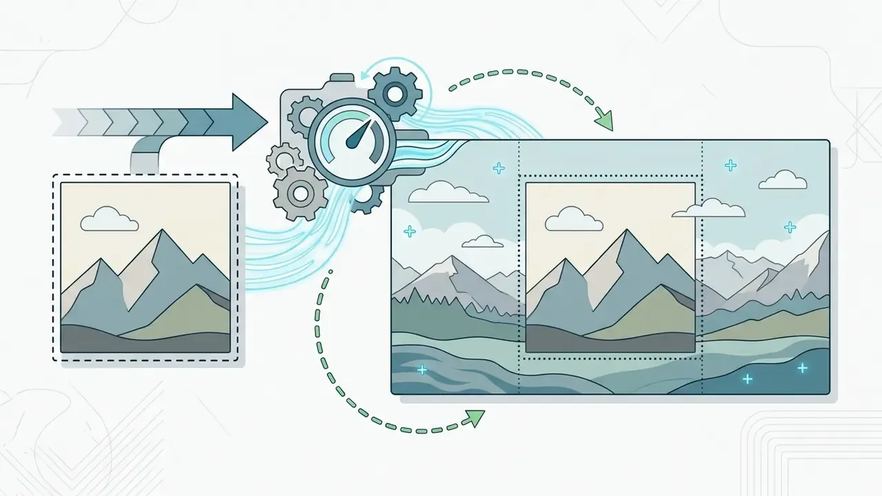 Square mountain landscape being expanded into a wider format through a gear-driven processing mechanism