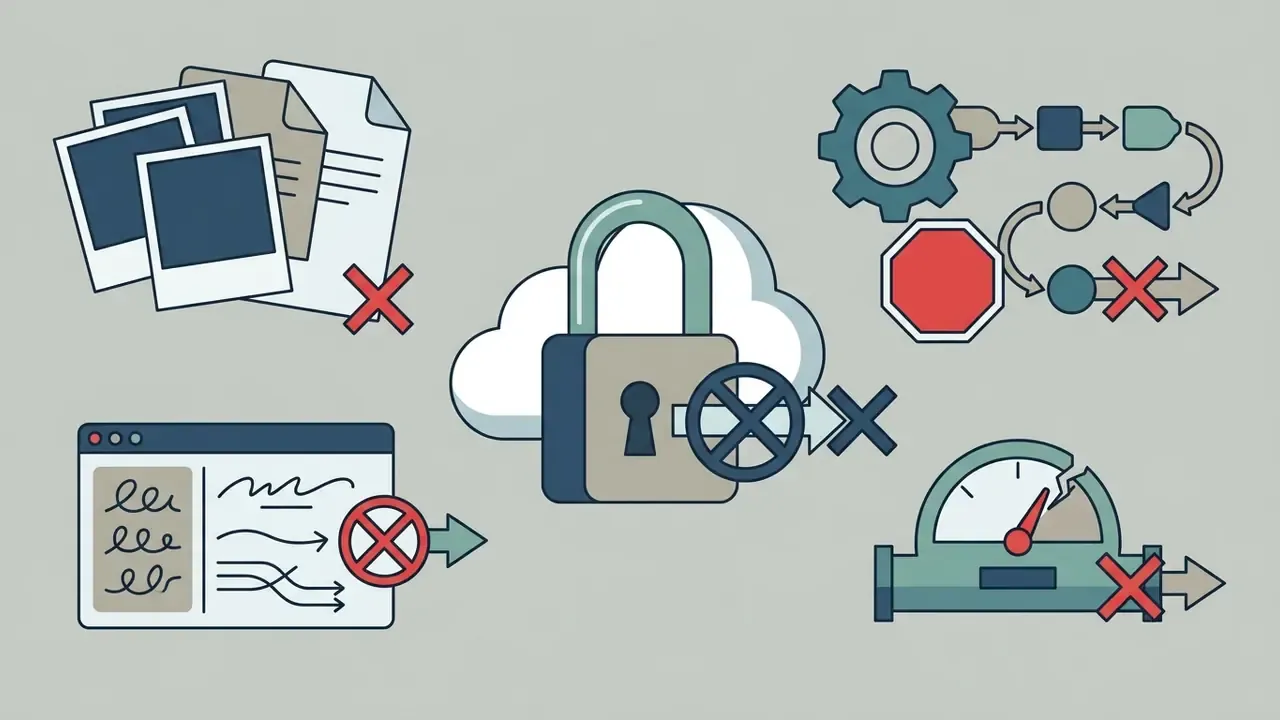 Cloud lock icon surrounded by blocked file exports, prompt workflows, and a broken performance gauge