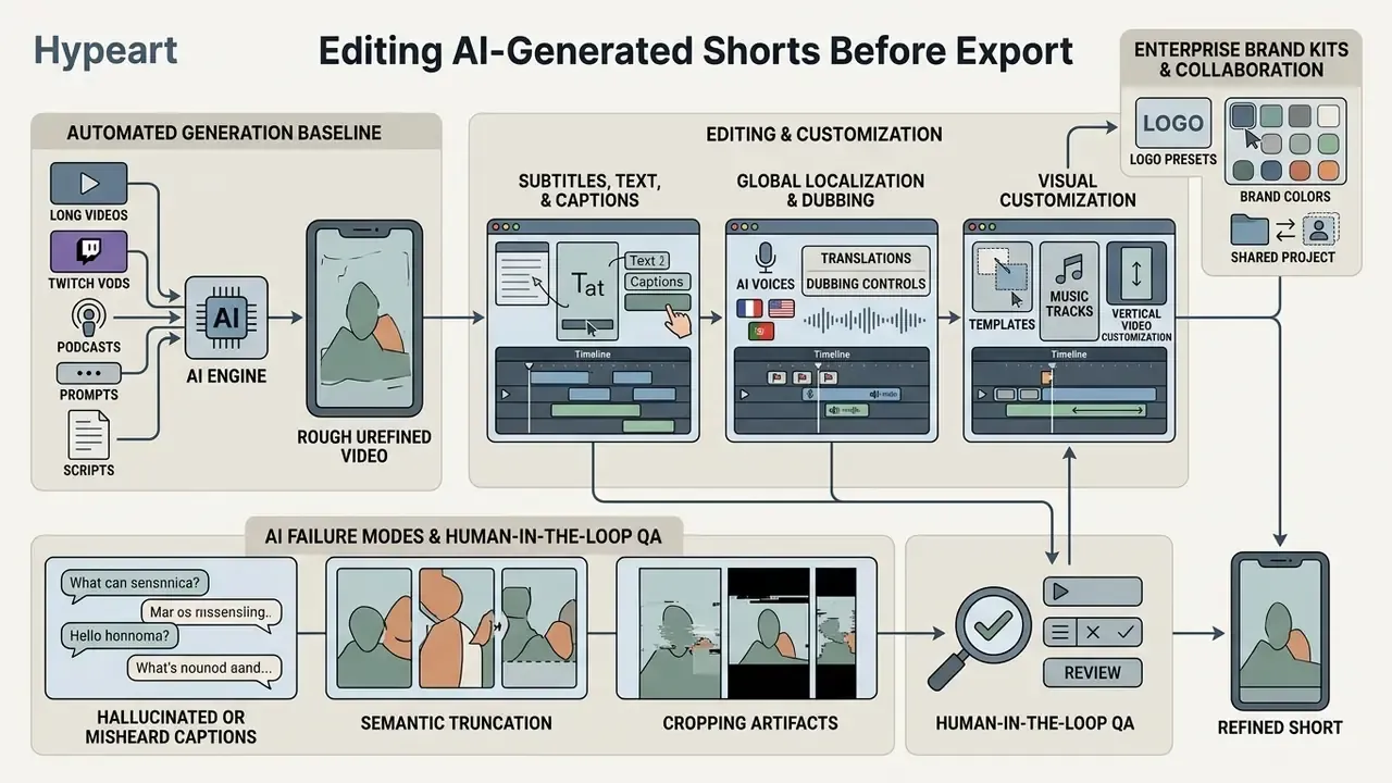 Workflow diagram detailing video refinement, captioning, localization, and quality assurance steps