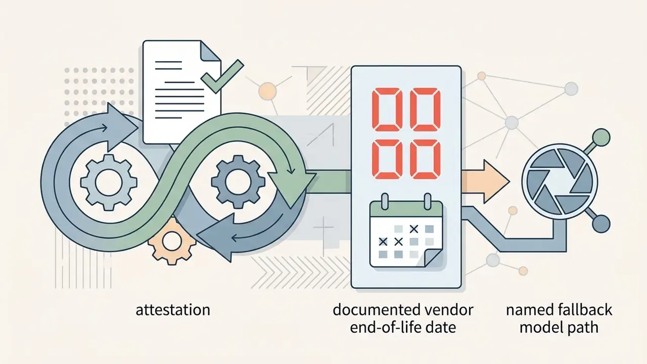 Cycle showing document attestation leading to a vendor end-of-life date and a fallback model path