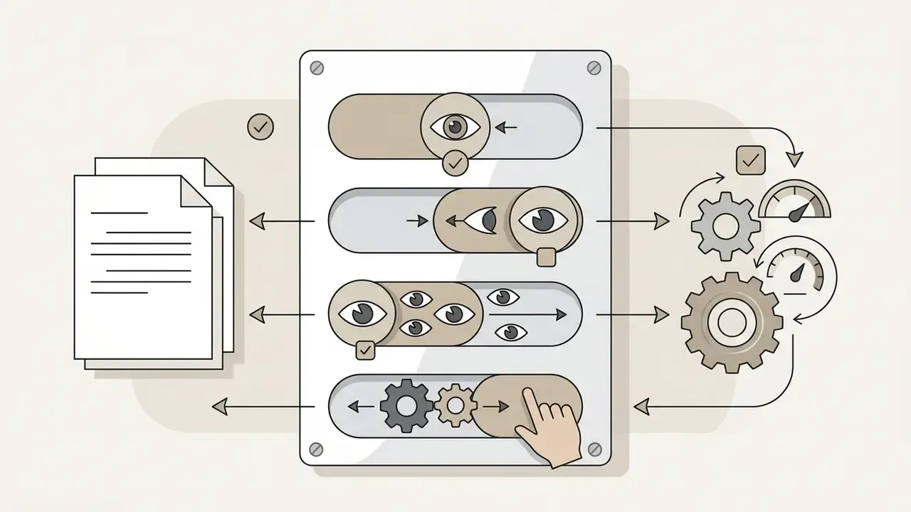 Control panel with eye-themed sliders adjusting narrative perspective settings for document generation