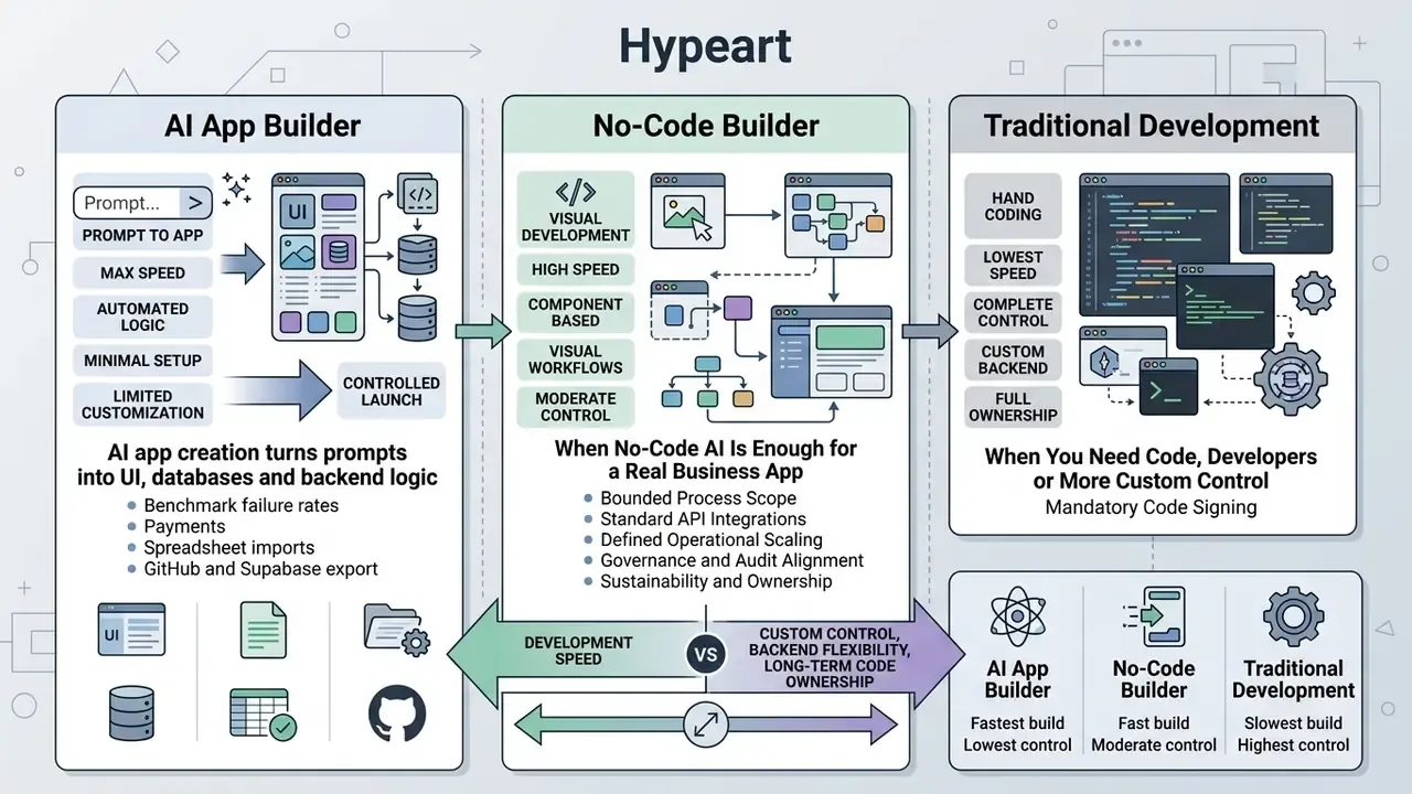 Comparison infographic contrasting AI App Builder, No-Code Builder, and Traditional Development methods