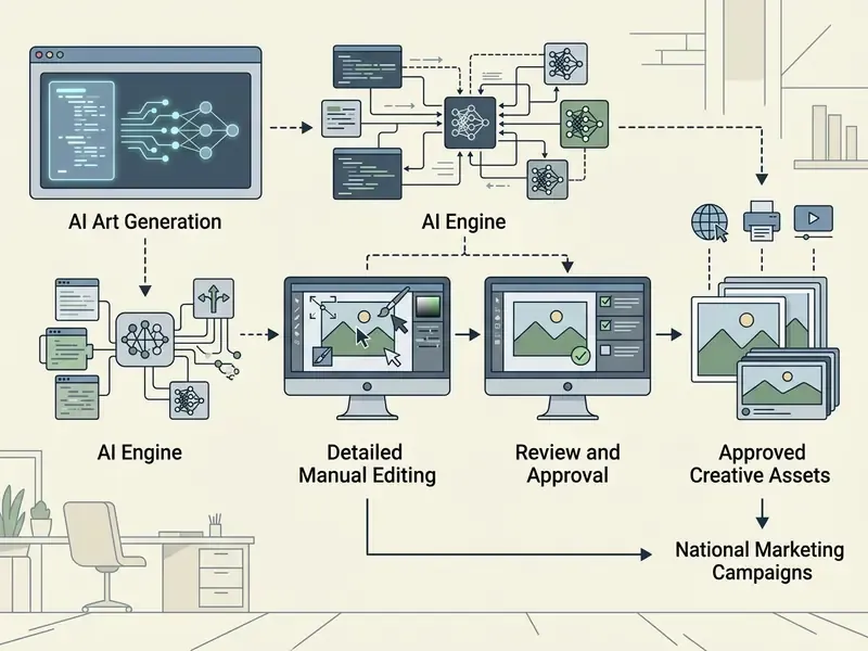Workflow showing AI art generation followed by manual editing, review, and approval for marketing assets