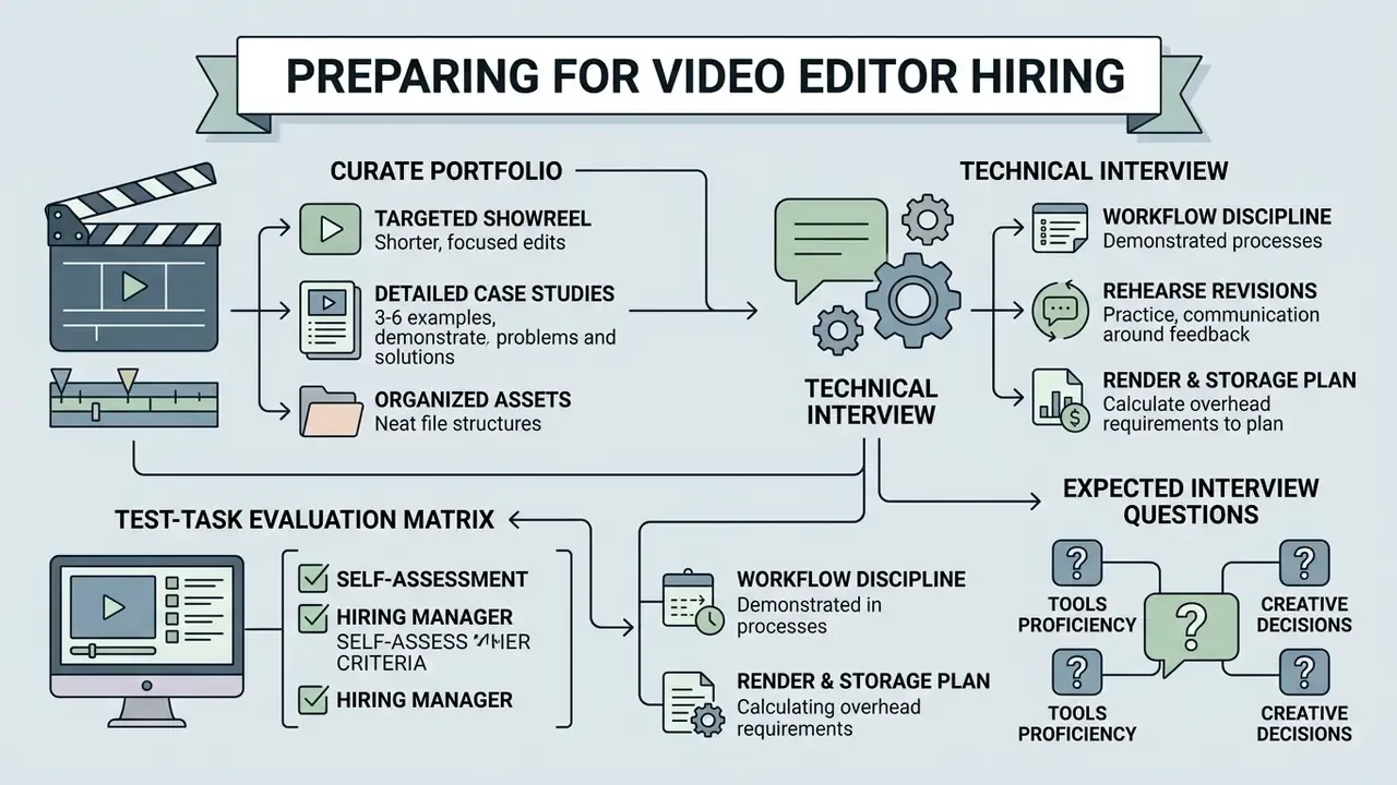 Flowchart showing steps for video editor hiring including portfolio curation and technical interview prep