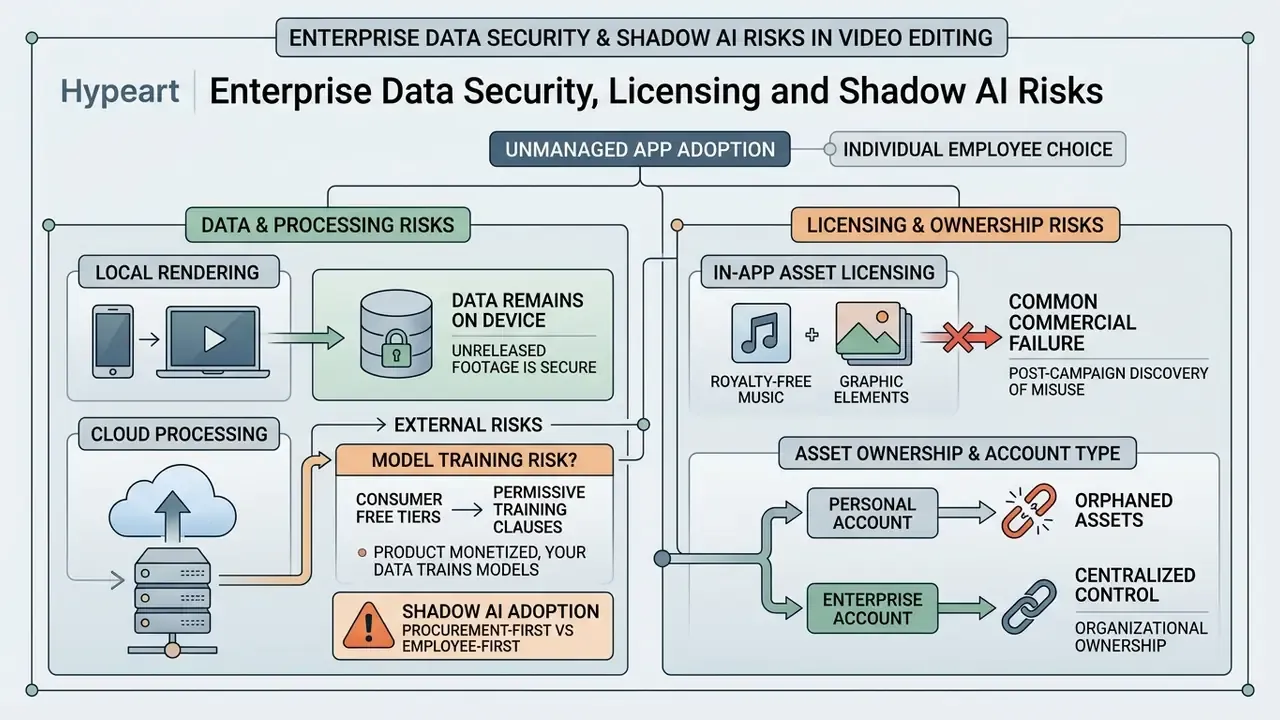 Diagram mapping data processing risks and licensing ownership challenges for video editing software