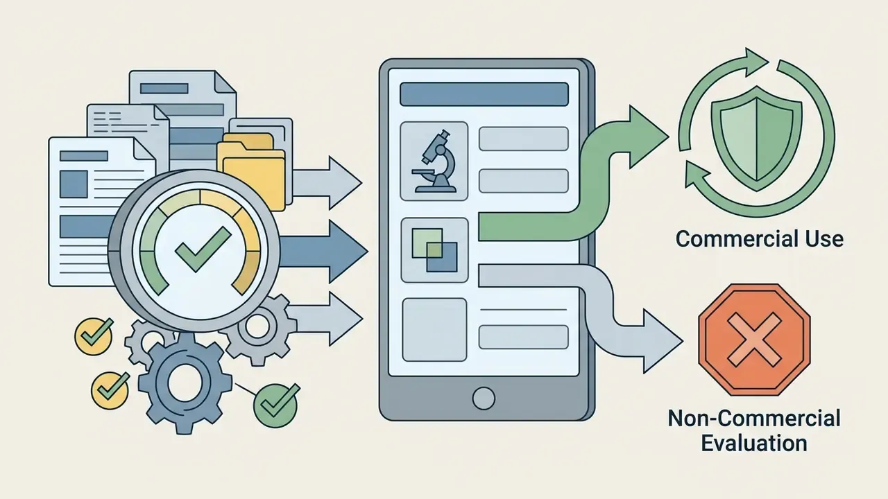 Documents and gears feeding into a mobile app interface that separates commercial and personal usage