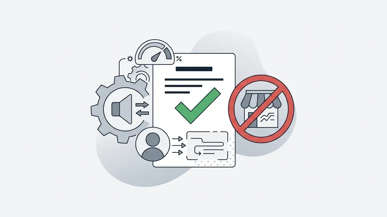 Document with a checkmark next to audio settings and a prohibited symbol over a storefront icon