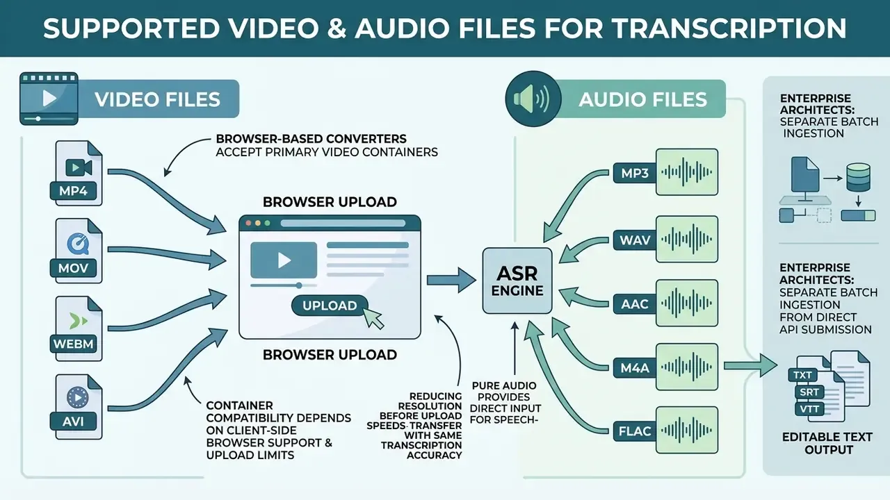 Diagram showing how various video and audio file formats are uploaded to an ASR engine for transcription