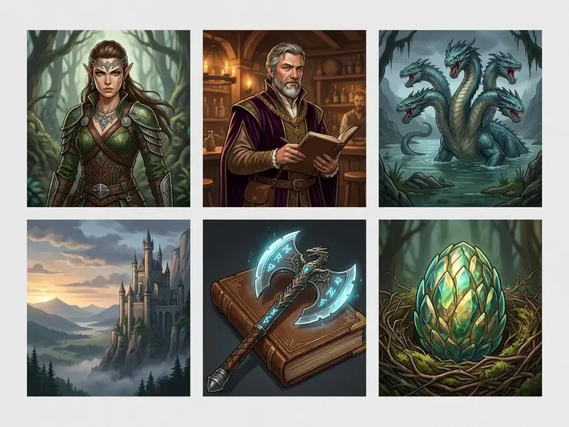 Grid of fantasy art including an elf, a scholar, a hydra, a castle, a magic axe, and a dragon egg