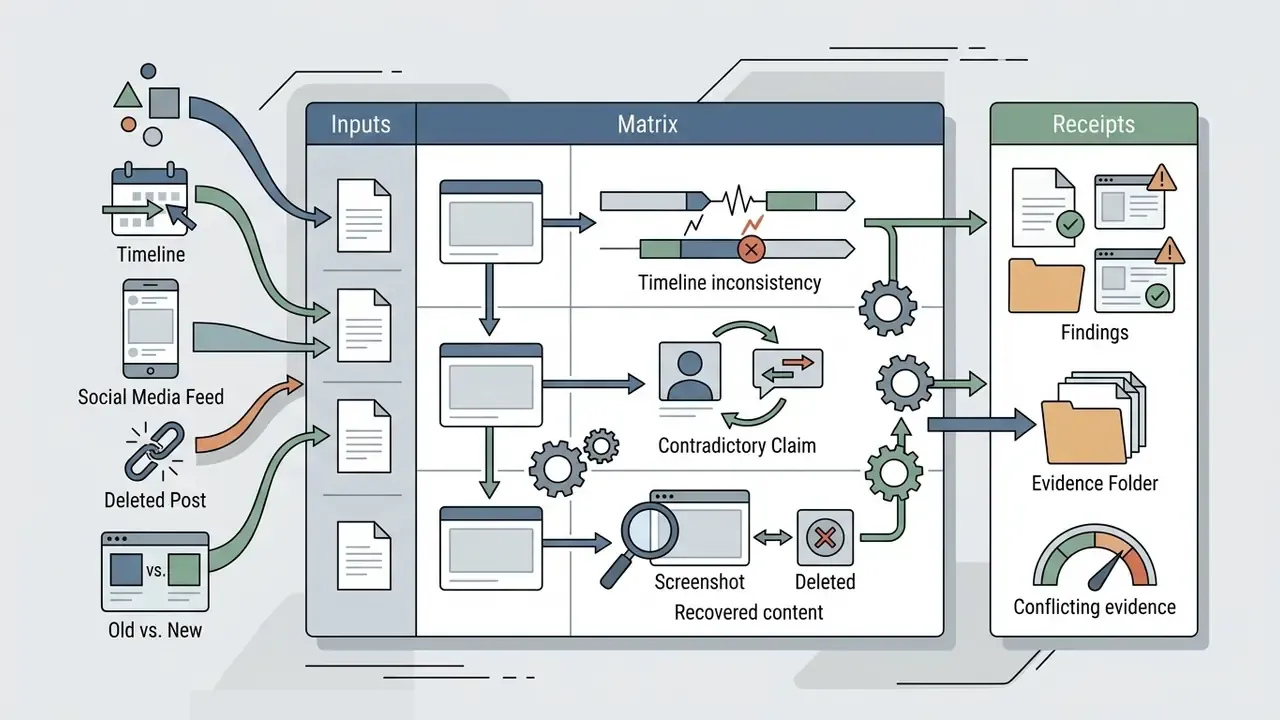 Process flow mapping social media inputs to a matrix that identifies inconsistencies and compiles evidence