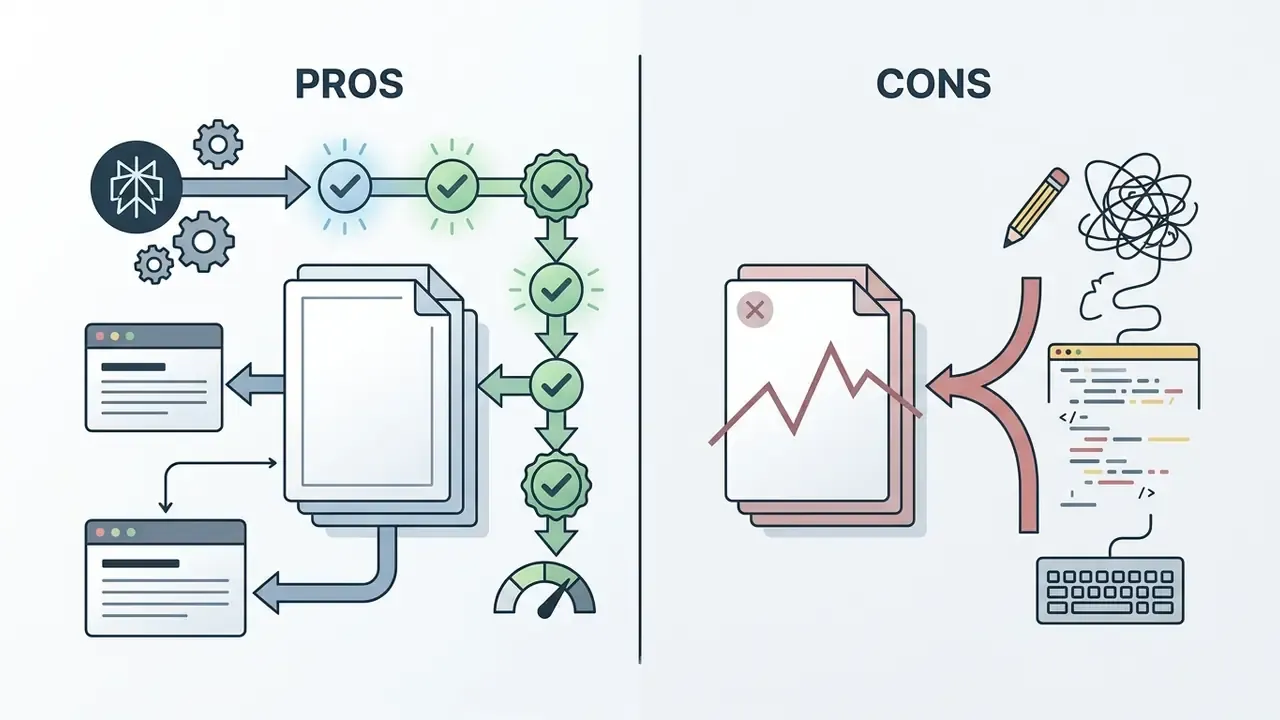 Google Workspace integration icons feeding into a workflow of validated documents versus code errors