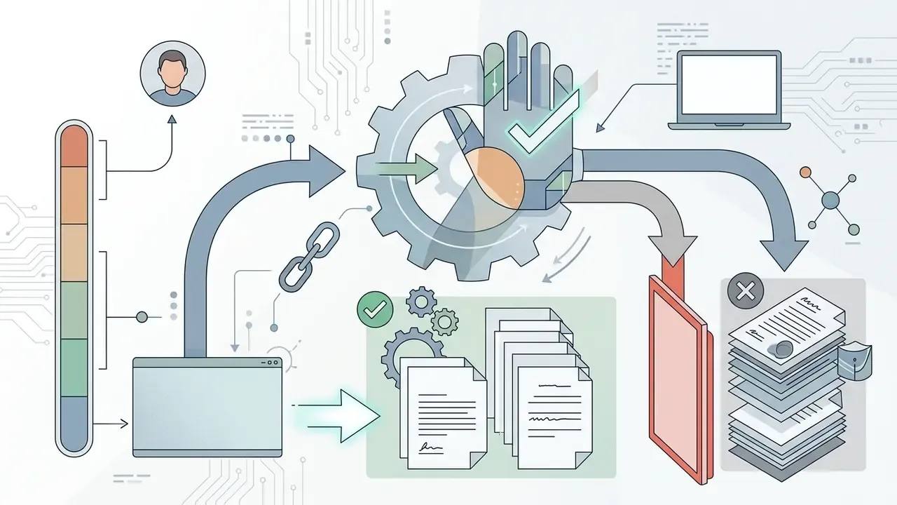 Human oversight icon and tiered gauge controlling document processing through gears to approved outputs