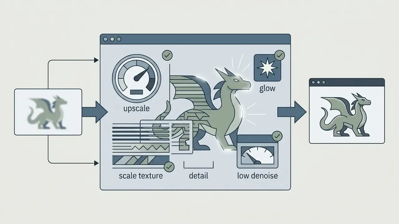 Dragon graphic processed through a technical pipeline with status icons and refinement gauges