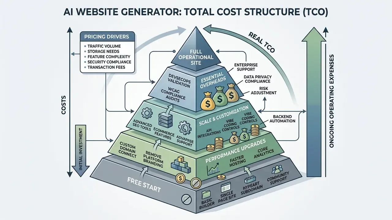 Pyramid chart mapping the cost structure of web development from free tiers to full operational sites