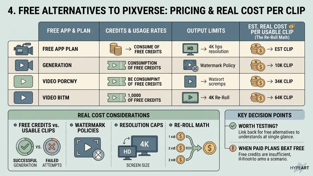 Comparison table evaluating credit consumption, output limits, and real costs for AI video generators