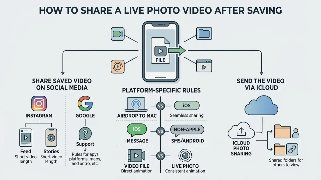 Infographic detailing methods for sharing converted video files across social media and cloud platforms