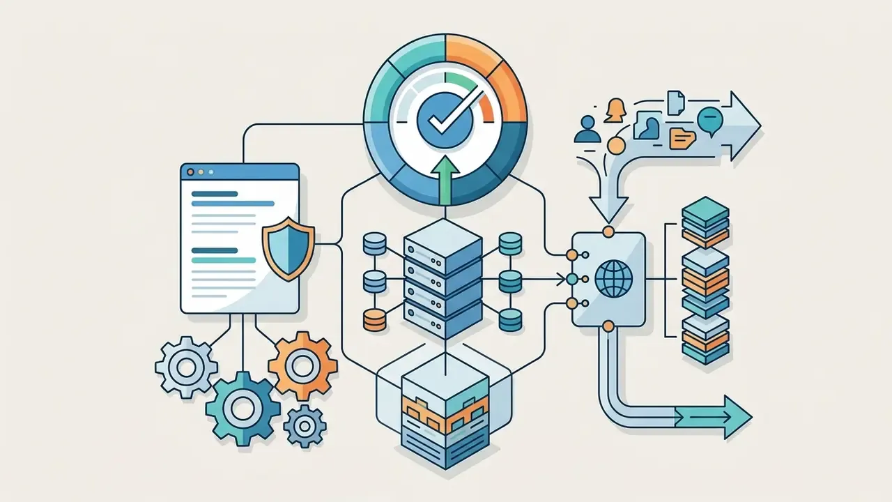 Document and gear icons connected to a server cluster and a gauge indicator for data processing pipelines